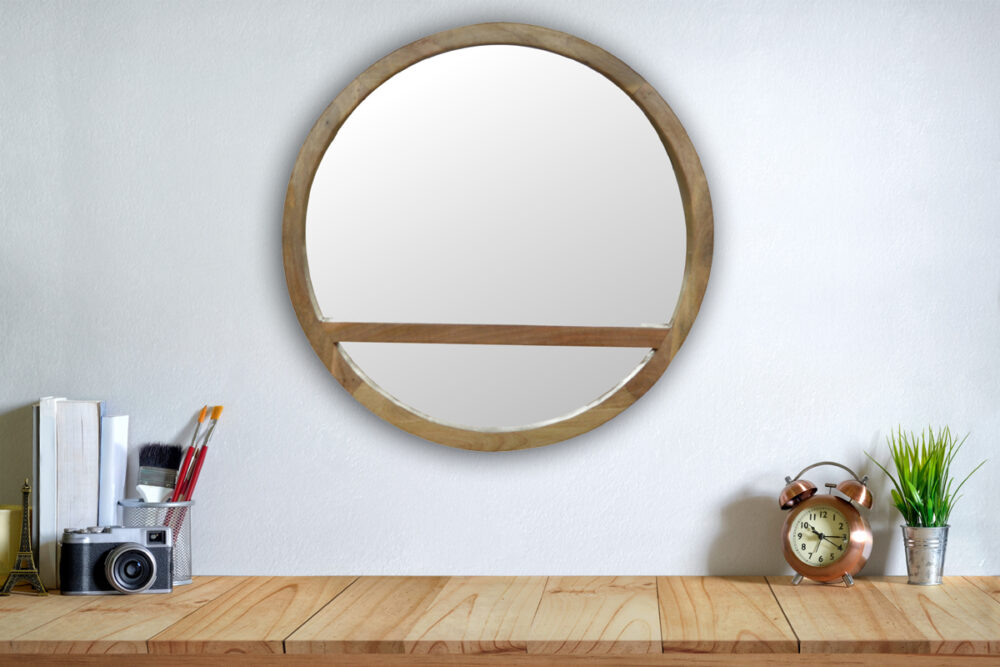 Wooden Round Mirror with 1 Shelf - Image 10