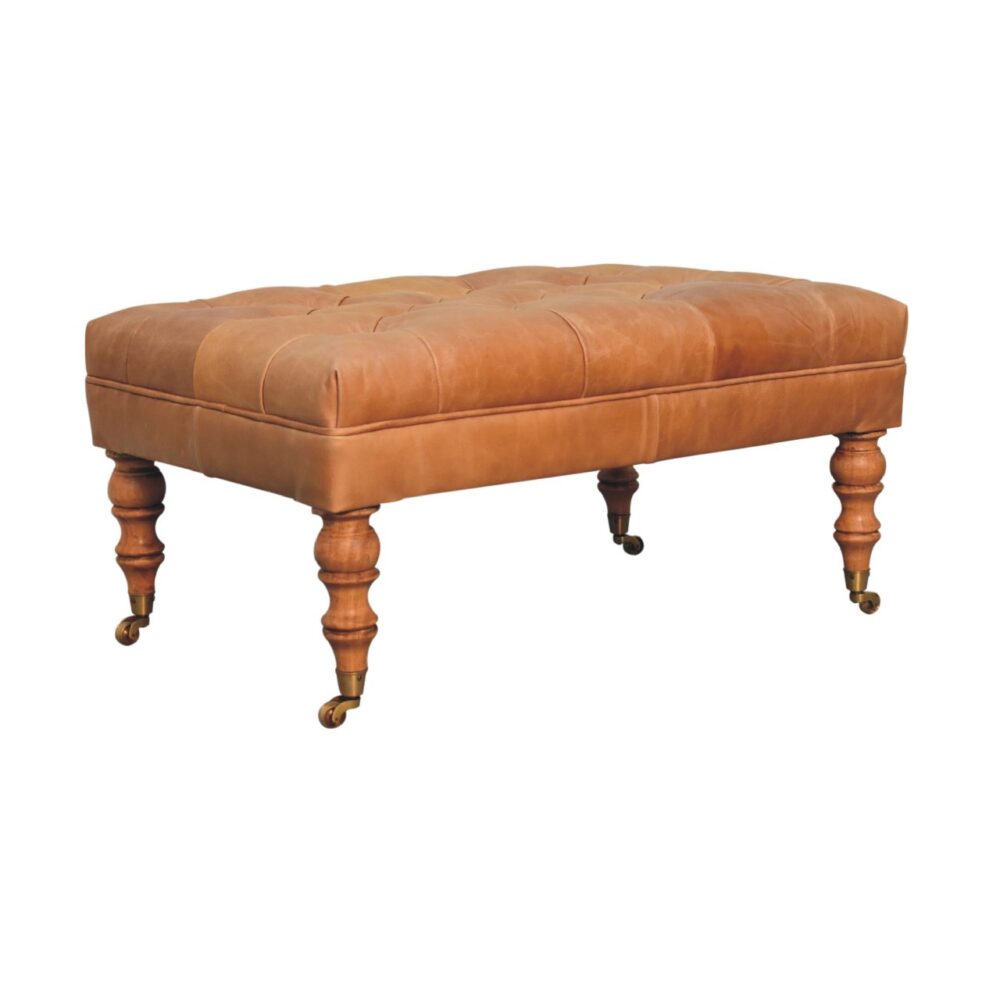 Buffalo Tan Leather Ottoman with Castor Legs - Image 3