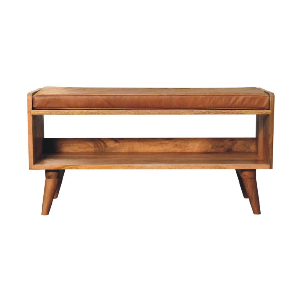 Oak-ish Bench with Tan Leather Seatpad - Image 2