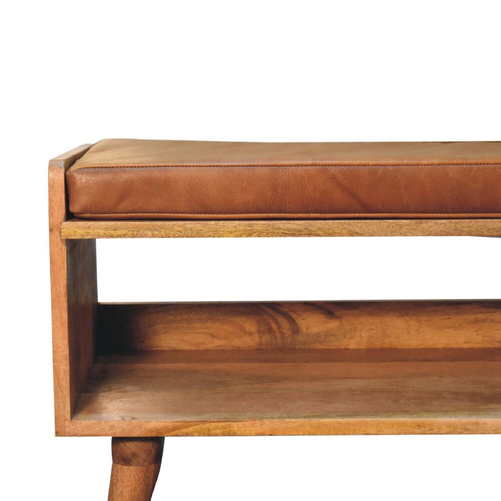 Oak-ish Bench with Tan Leather Seatpad - Image 5