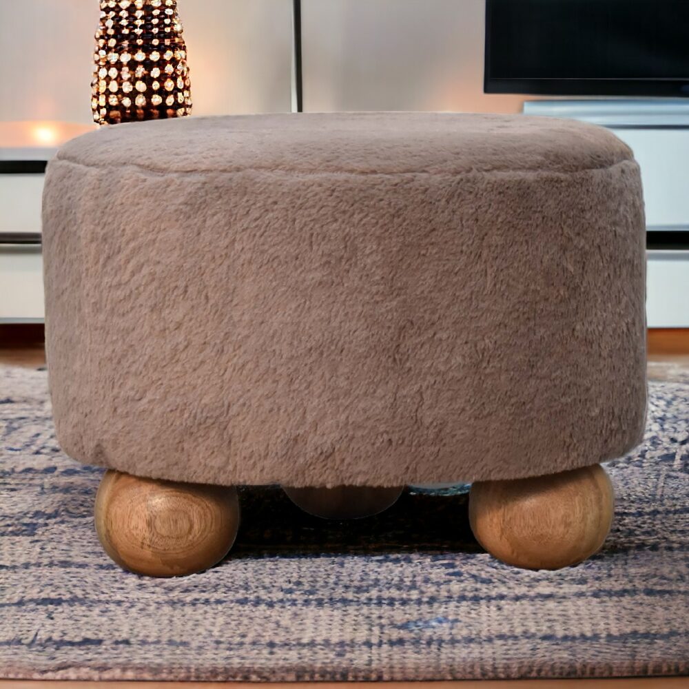 Mocha Faux Fur Round Ball Footstool - Image 12