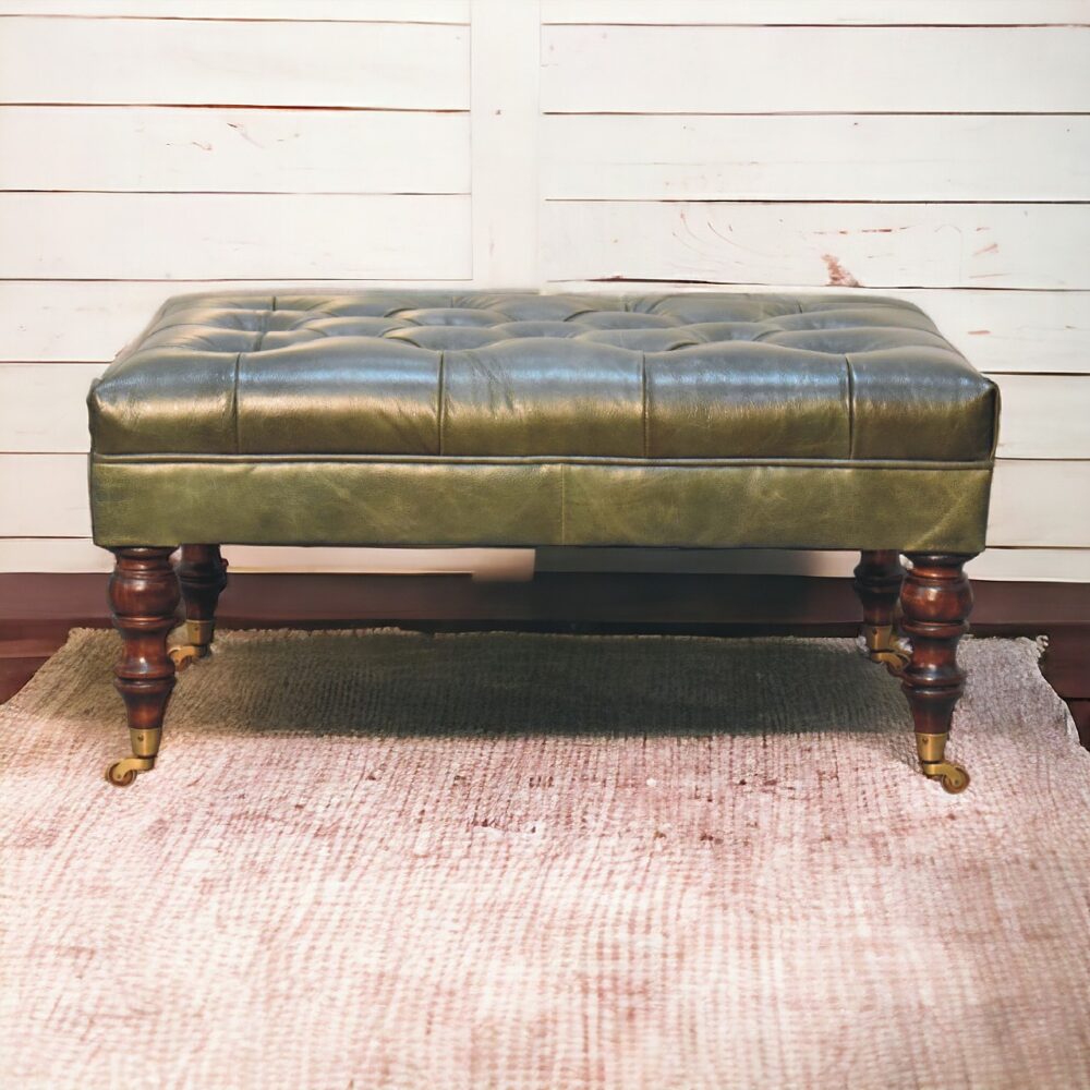 Buffalo Green Leather Ottoman with Castor Legs - Image 11