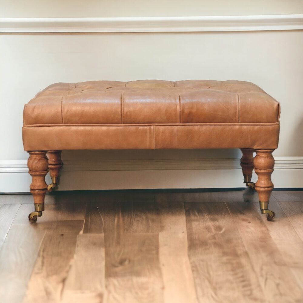 Buffalo Tan Leather Ottoman with Castor Legs - Image 11