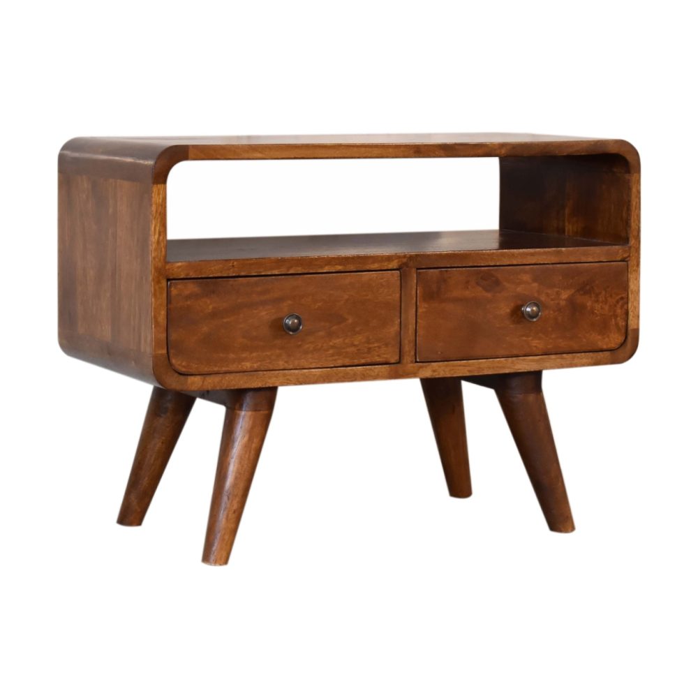 Mini Chestnut Curved Media Unit with 2 Drawers - Image 3