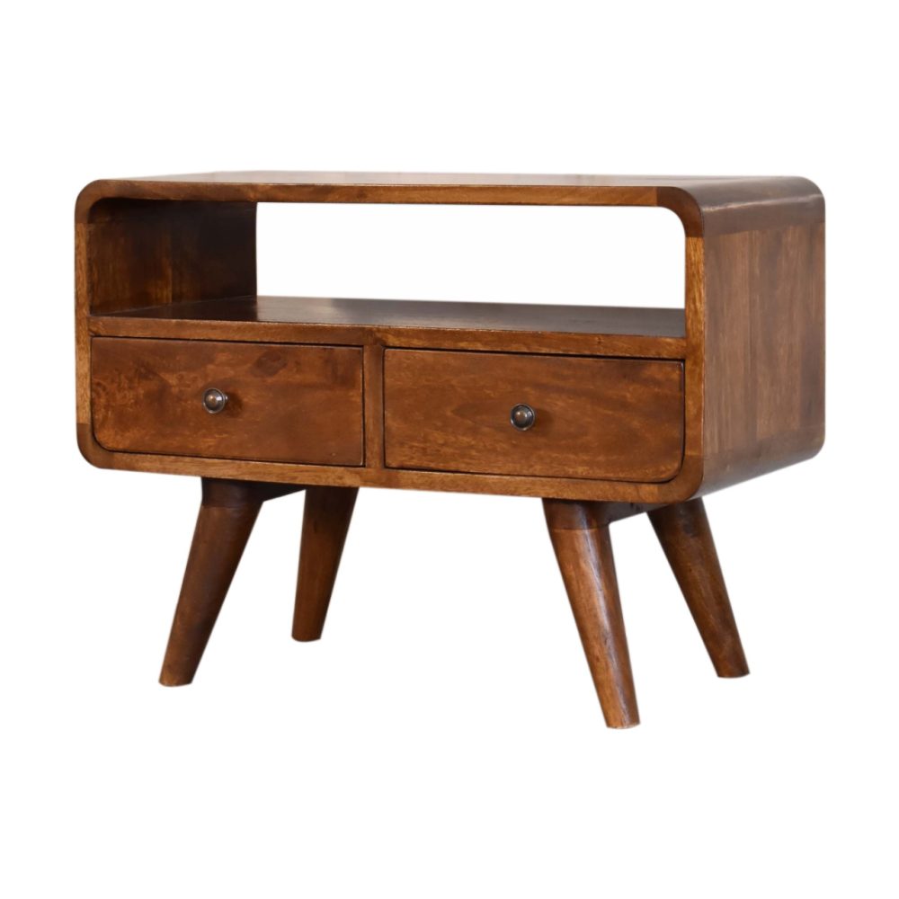 Mini Chestnut Curved Media Unit with 2 Drawers - Image 4
