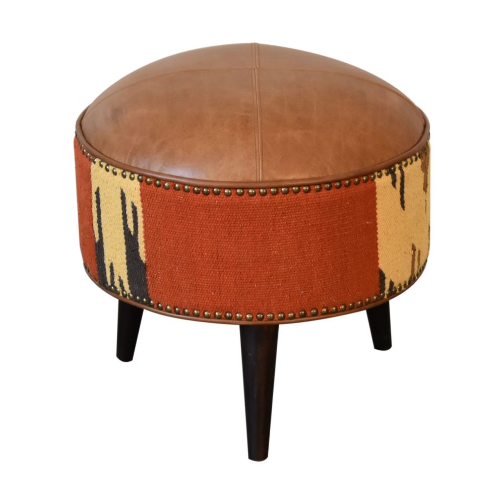 Durrie & Leather Mixed Footstool - Image 4