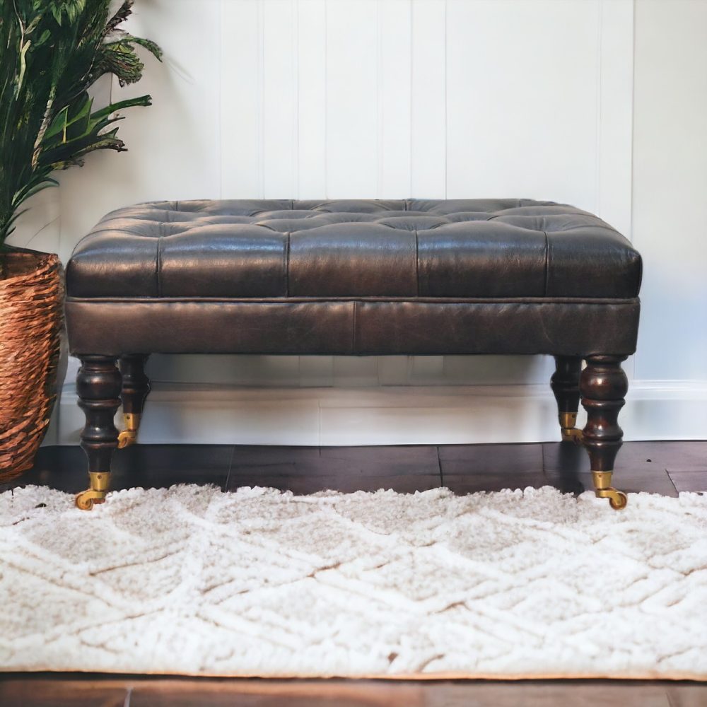 Buffalo Ash Black Leather Ottoman with Castor Legs - Image 11