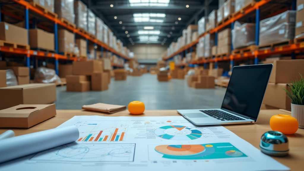 Warehouse with office desk and charts.