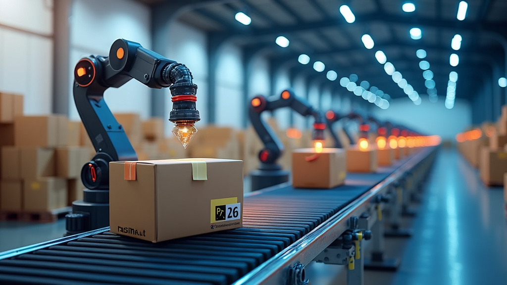 Robots managing packages on conveyor belt in warehouse.
