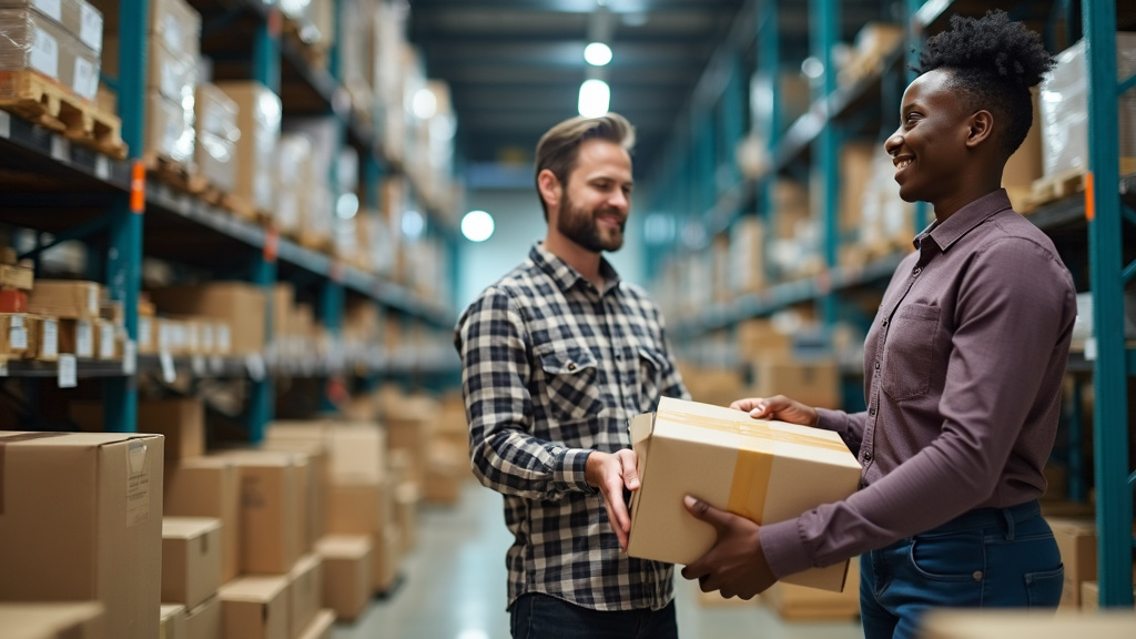 Two workers handling box in warehouse
