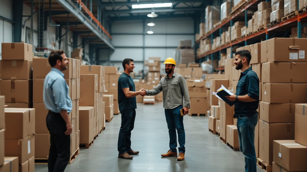 Warehouse workers shaking hands among boxes.