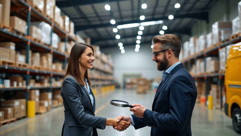 Warehouse workers shaking hands
