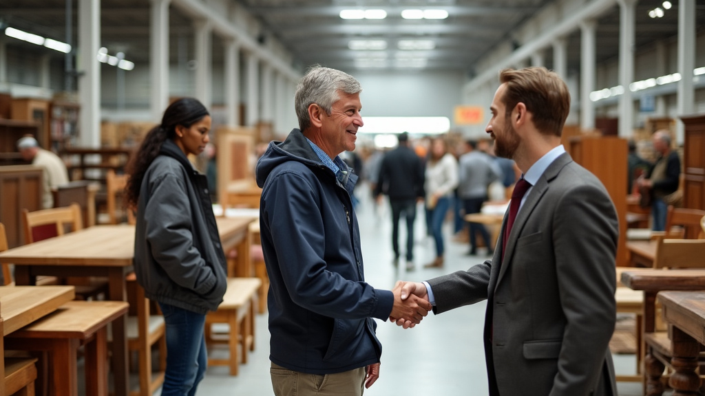 Two men shaking hands in a furniture store.