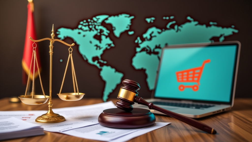 Justice scales, gavel, laptop with shopping cart.