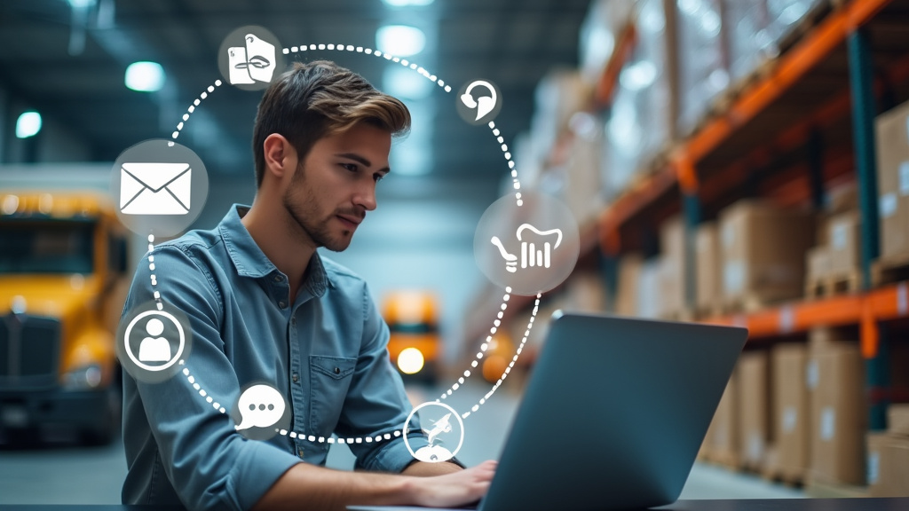 Warehouse manager using laptop for inventory management