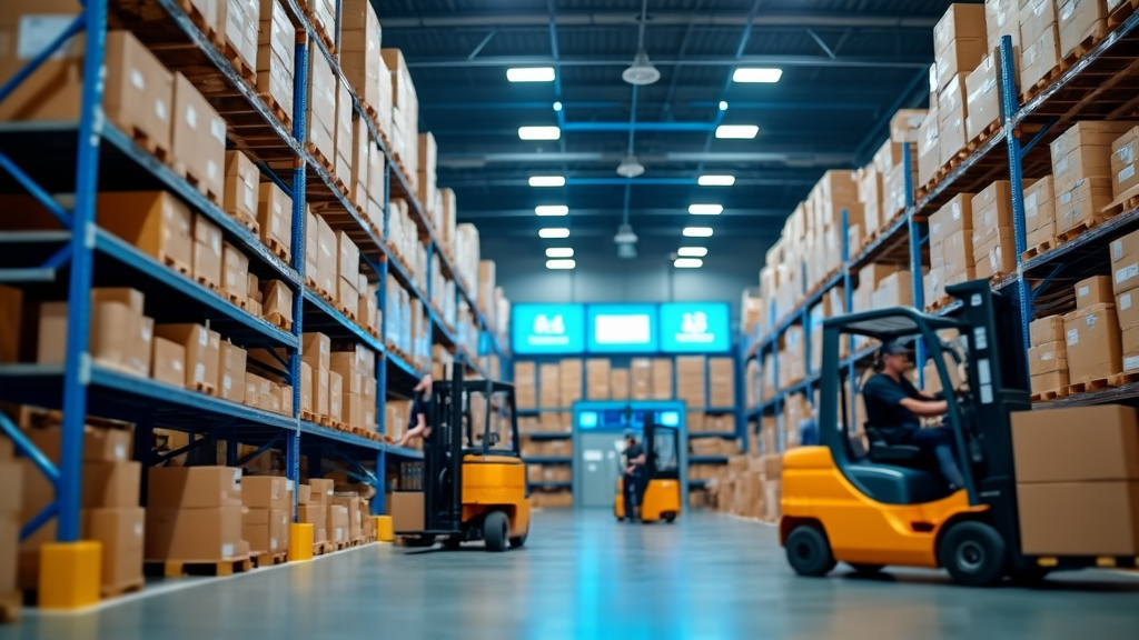 Warehouse with forklifts and stacked boxes