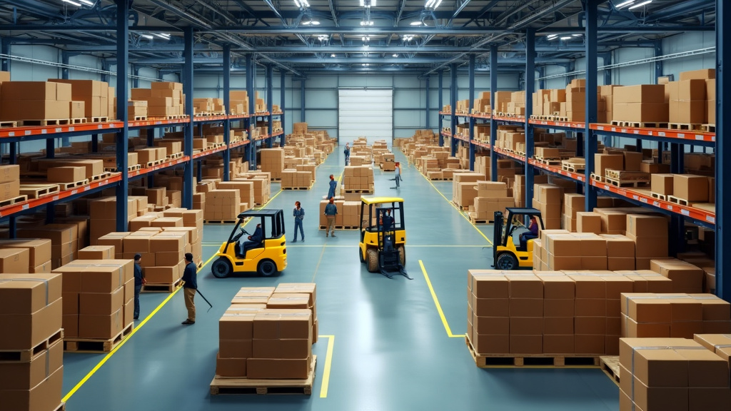 Busy warehouse with forklifts and stacked boxes.