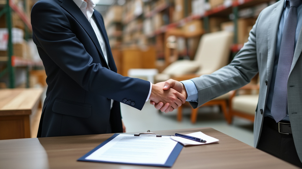 Two businesspeople shaking hands in warehouse.