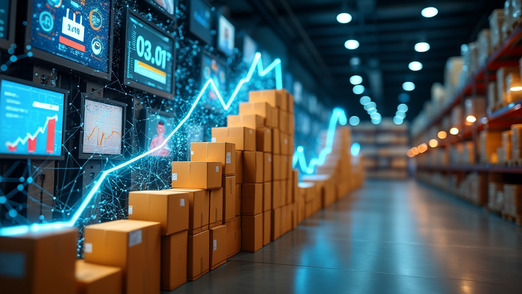 Warehouse with data analytics screens and boxes