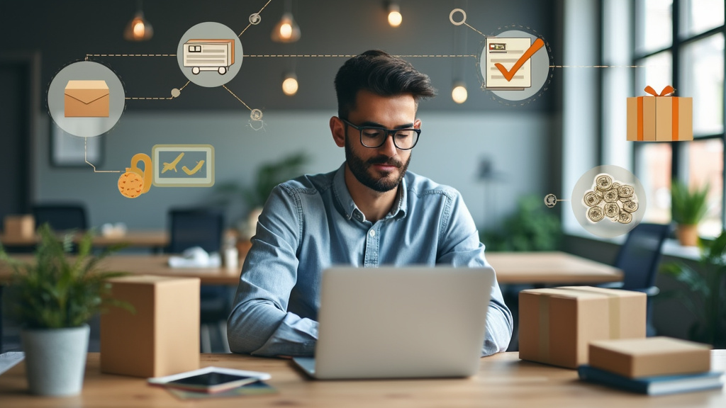 Man working on laptop with parcel icons.