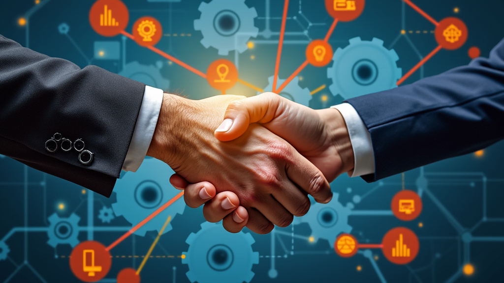 Business handshake with technology icons background
