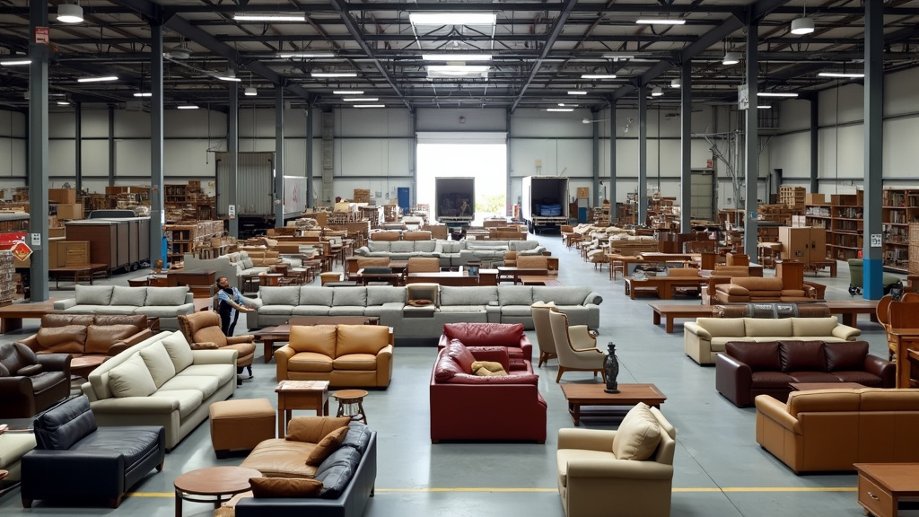 Large furniture warehouse with various sofas and tables