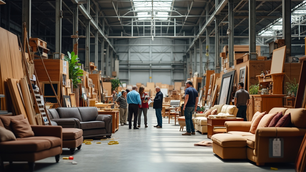 People shopping in a large furniture warehouse.