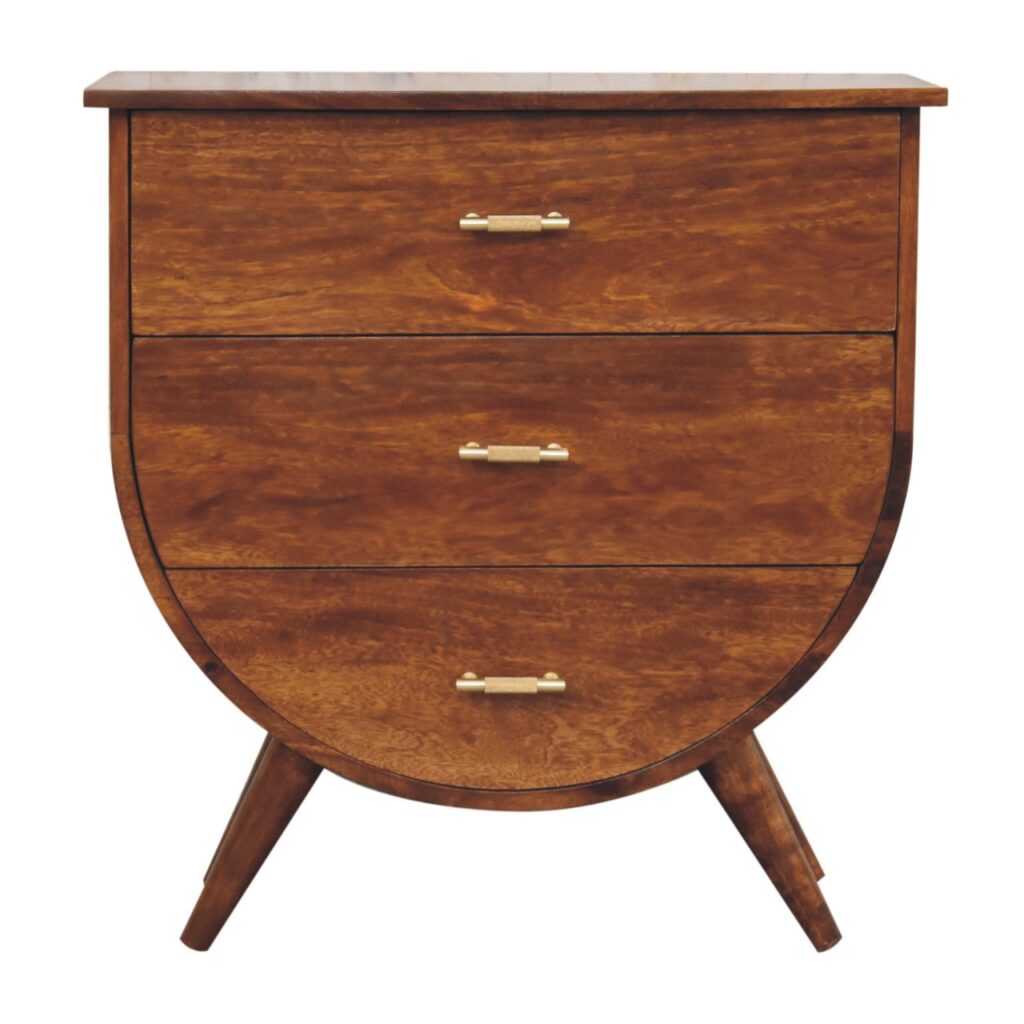Mid-century modern wooden dresser with three drawers.