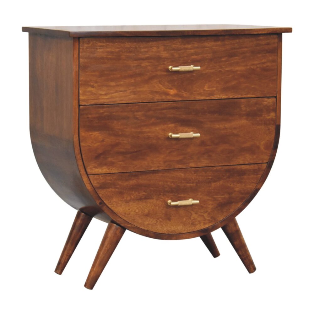 Modern wooden three-drawer cabinet on curved legs.