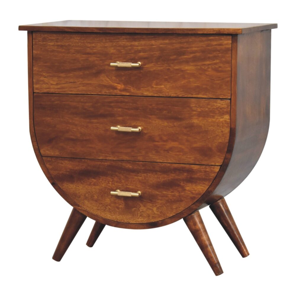 Brown wooden mid-century modern nightstand with three drawers.