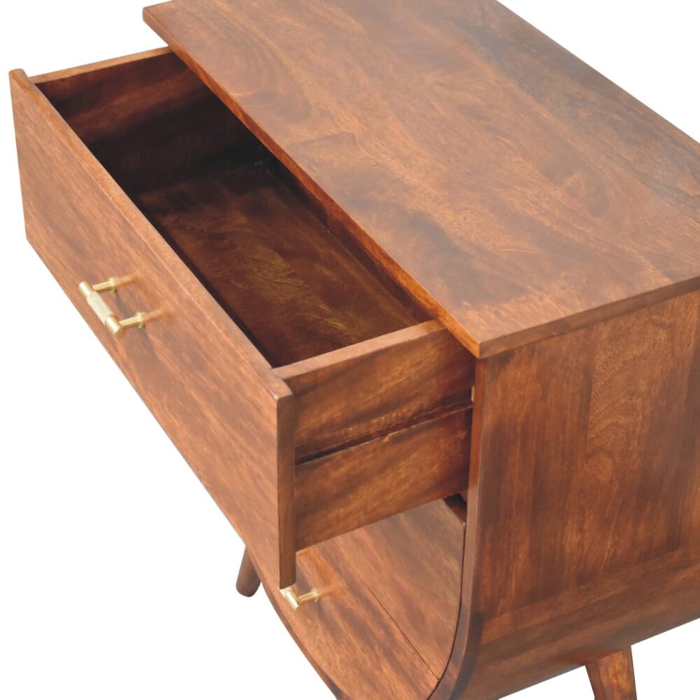 Wooden nightstand with open drawer, brass handles