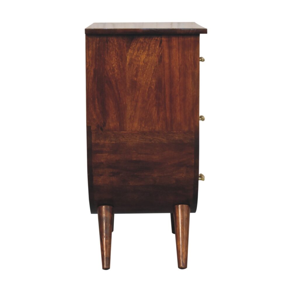 Side view of wooden dresser with legs.