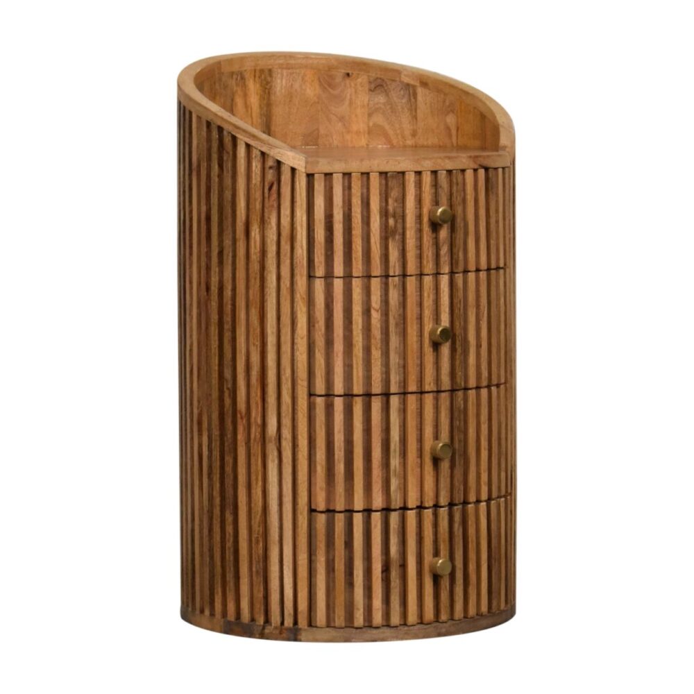 Wooden chest with vertical slats and drawers.
