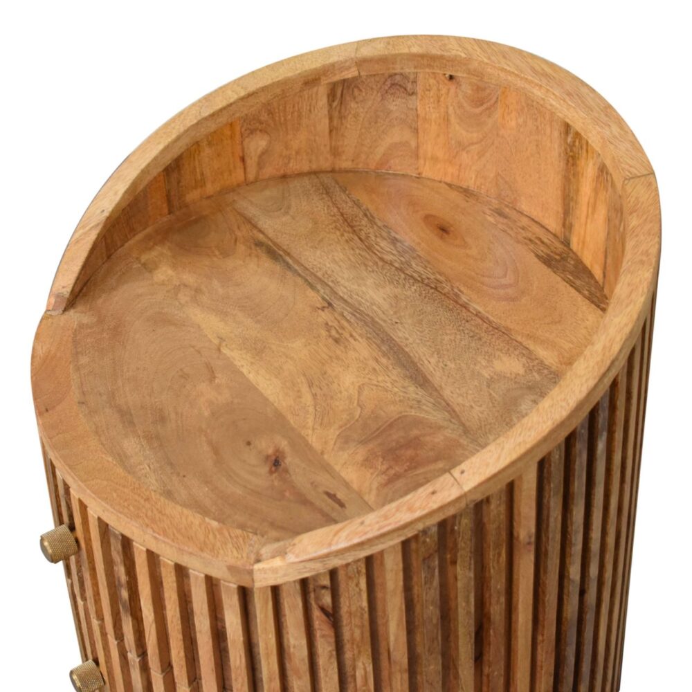 Round wooden side table with ribbed design.