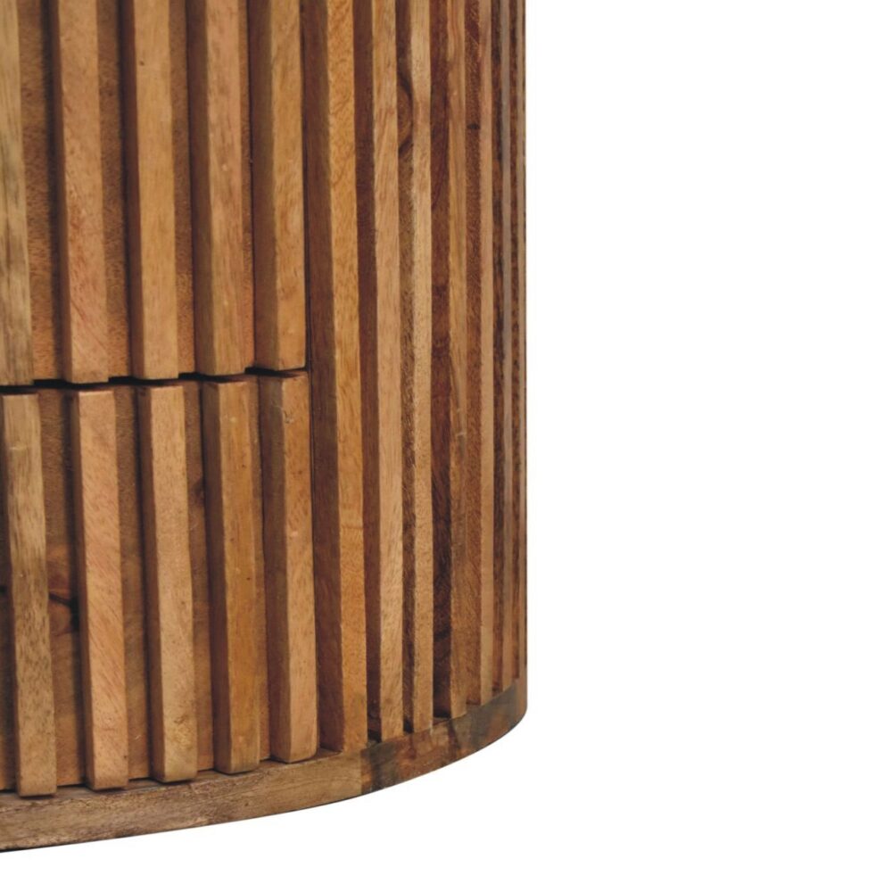 Wooden cylindrical structure with vertical slats.