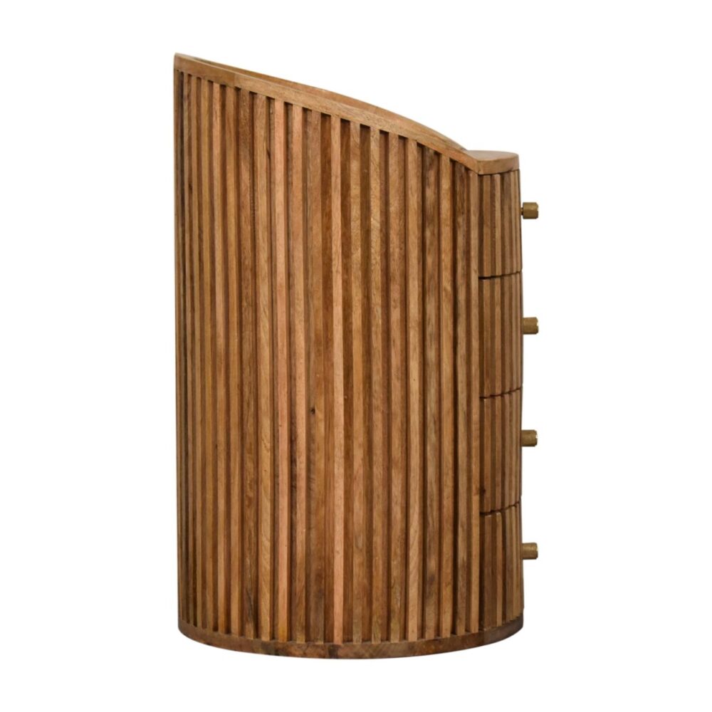 Curved wooden dresser with vertical slats.