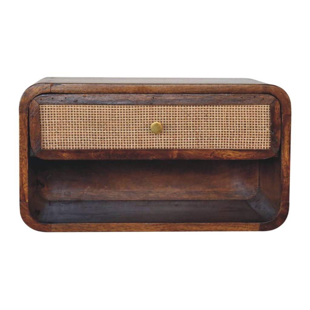 Wooden wall shelf with woven drawer accent.