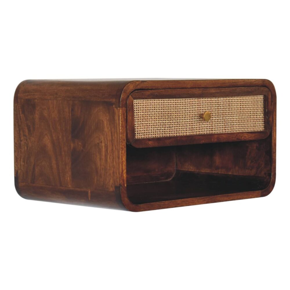 Wooden nightstand with rattan drawer front