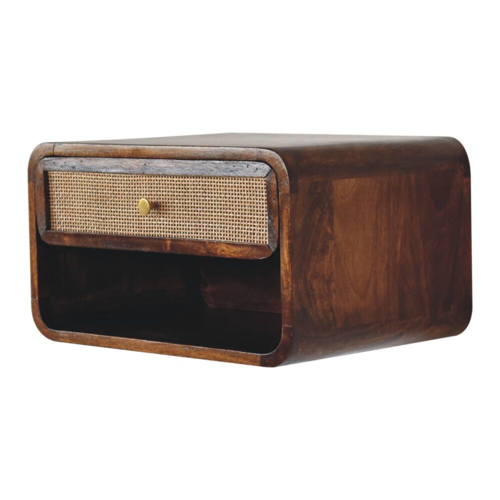 Wooden nightstand with rattan drawer and open shelf.
