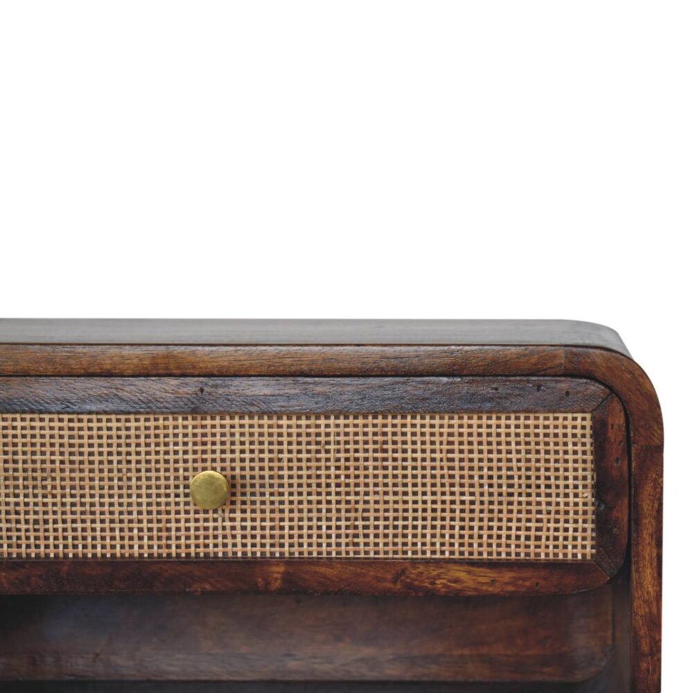 Wooden console with mesh drawer and brass knob.