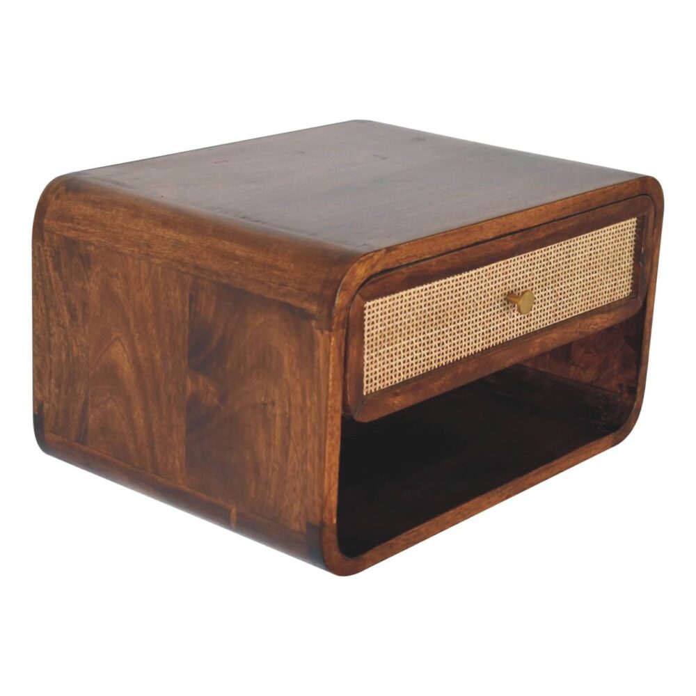 Stylish wooden side table with a rattan drawer.