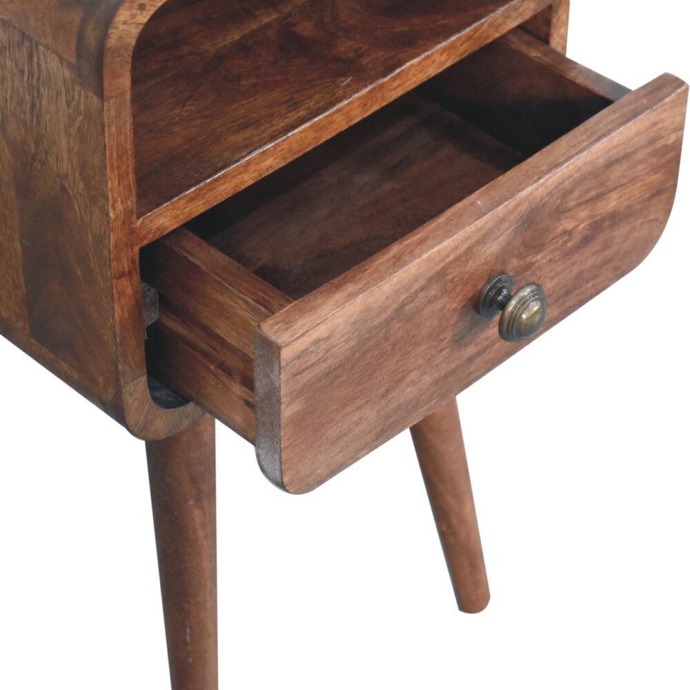 Mini Honey Caramel Curved Bedside with Open Slot - Image 6