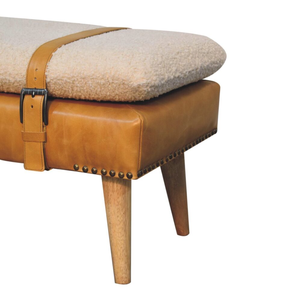 Bouclé Buffalo Hide Tan Leather Bench - Image 6