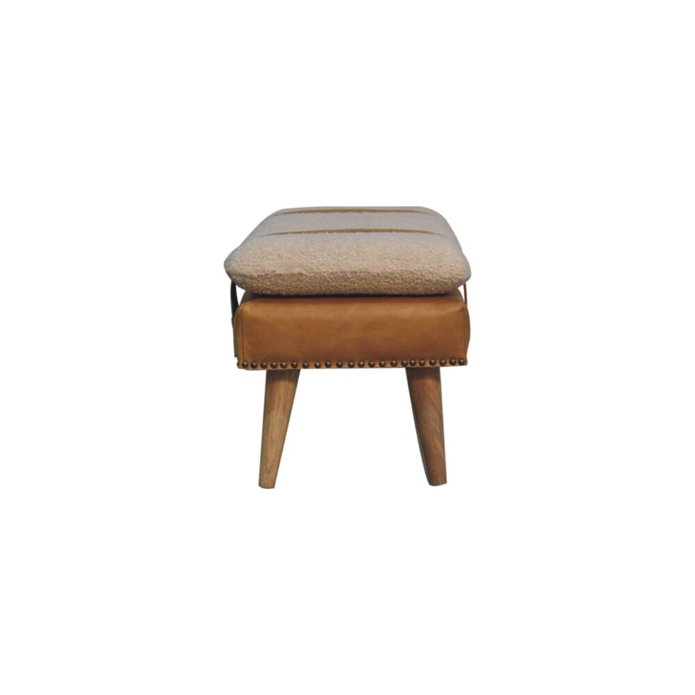 Bouclé Buffalo Hide Tan Leather Bench - Image 9