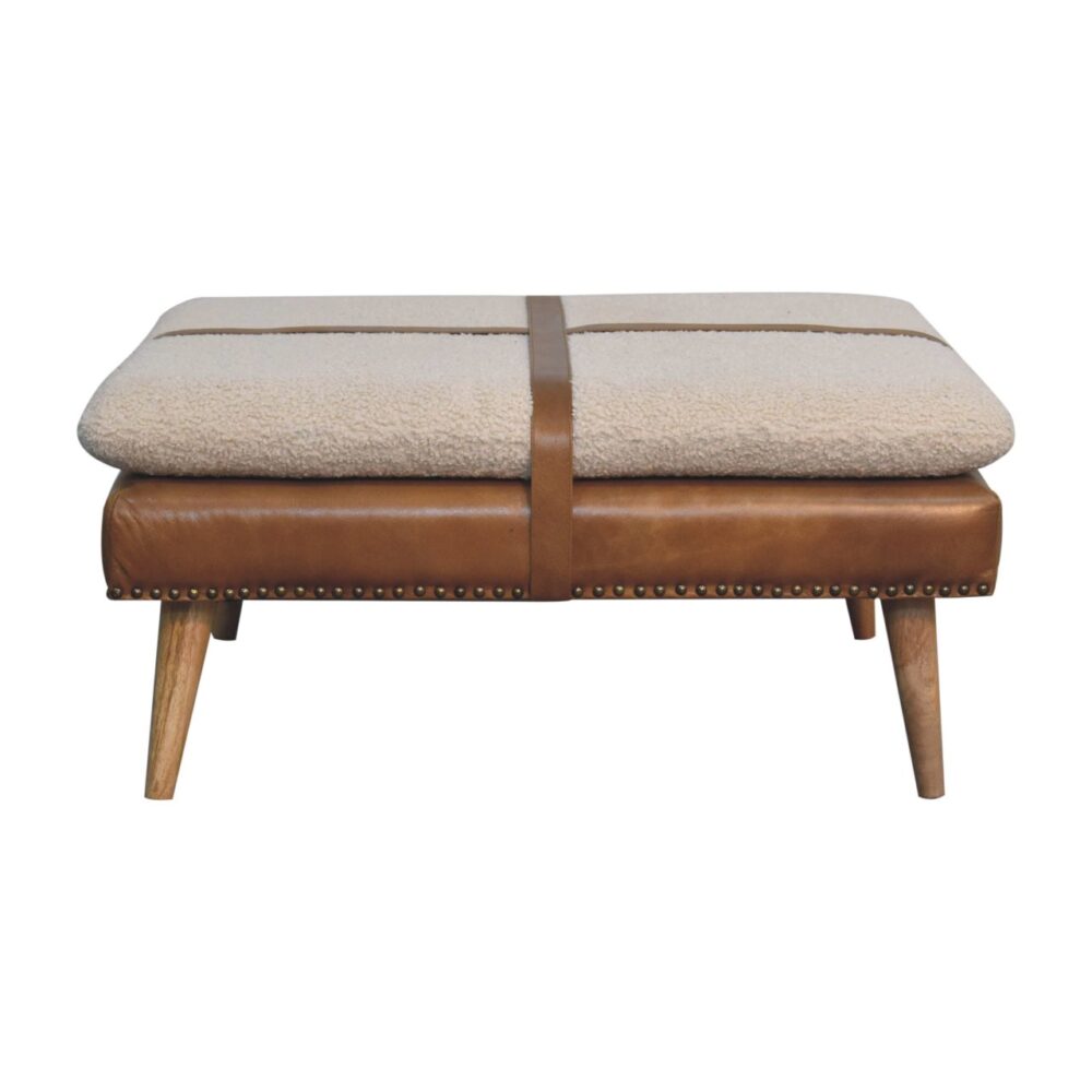 Large Square Bouclé Buffalo Hide Brown Leather Footstool - Image 2
