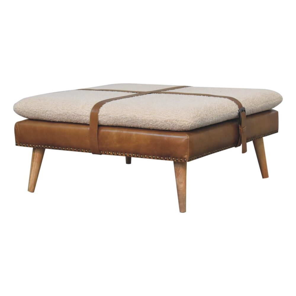 Large Square Bouclé Buffalo Hide Brown Leather Footstool - Image 3