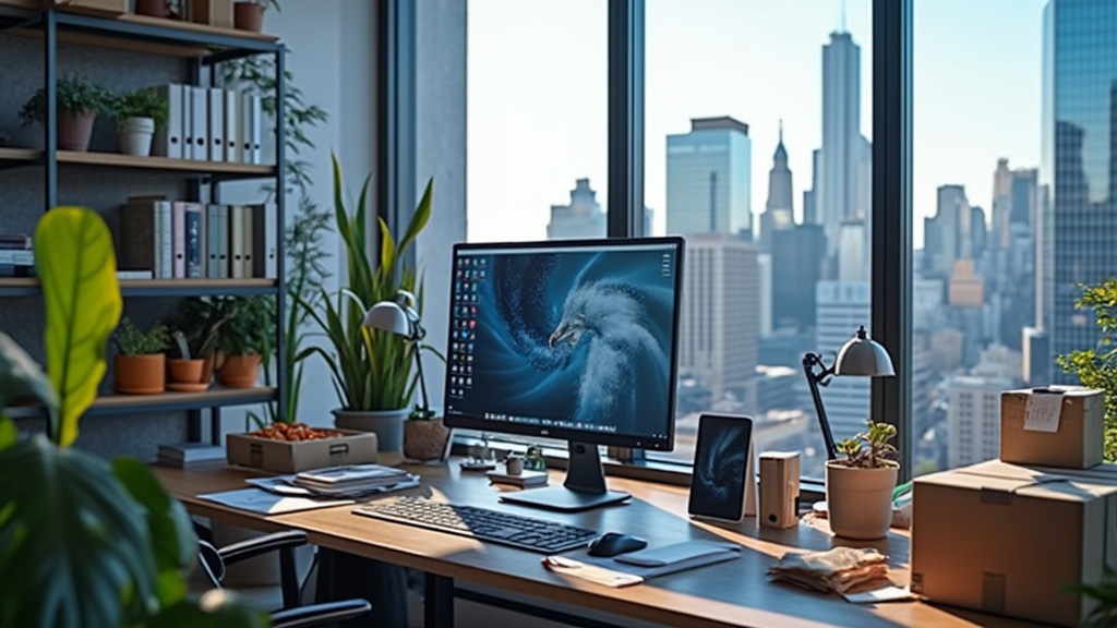 Modern office with city view, plants, and computer screen.