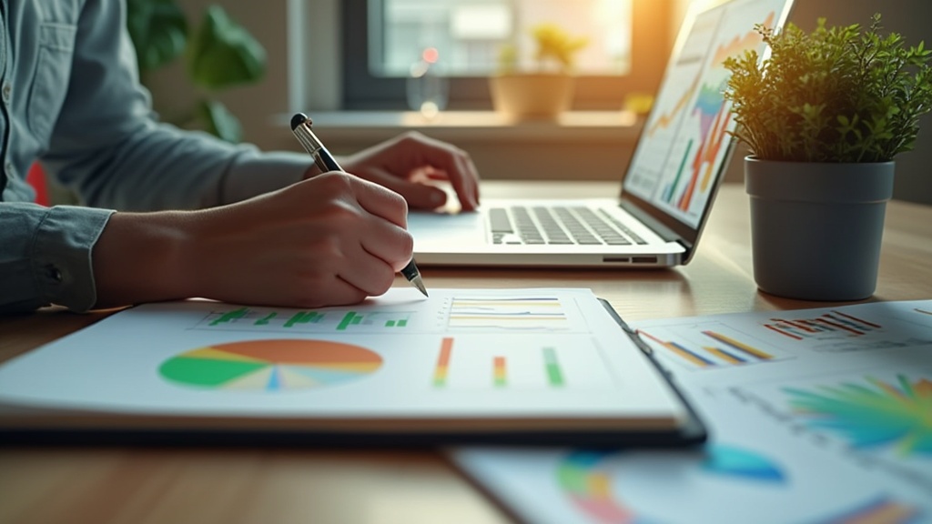 Person analyzing charts on laptop and papers.