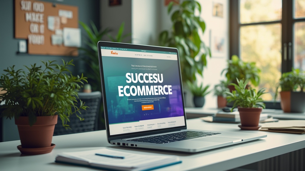 Laptop displaying eCommerce success website in office.