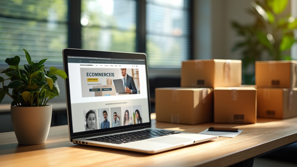 Laptop with open ecommerce website and packages